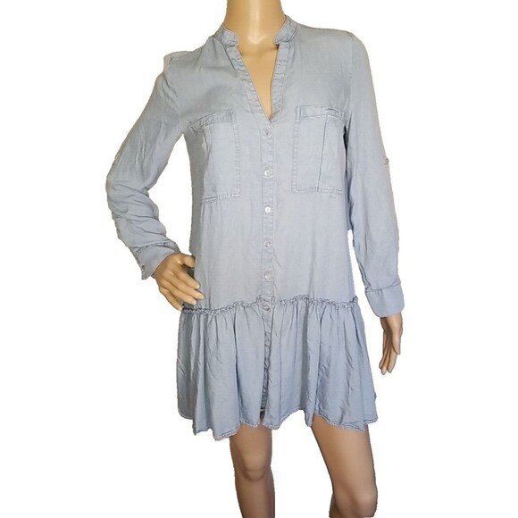 ZARA Tiered Ruffled Roll Tab Sleeve Blue Shirt Dress Size Small Pockets      T33 - Picture 1 of 6
